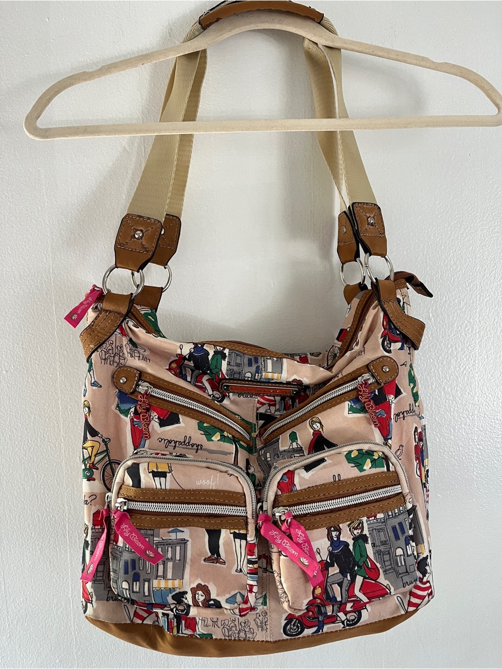Lily Bloom Beige City-Print Shoulder Bag with Multicolor Accents